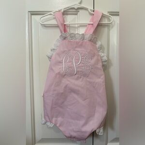 Pink Baby Romper with White Lace Trim